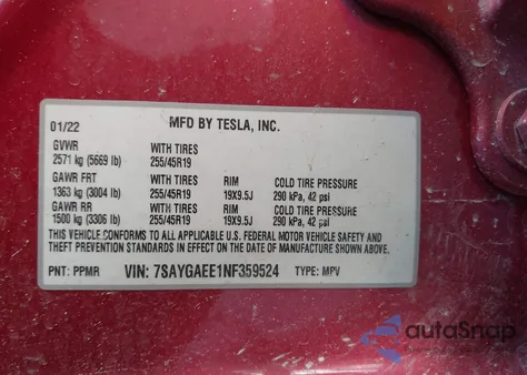 2022 Tesla Model Y Long Range Dual Motor All-Wheel Drive из США, поврежденный, VIN 7SAYGAEE1NF359524